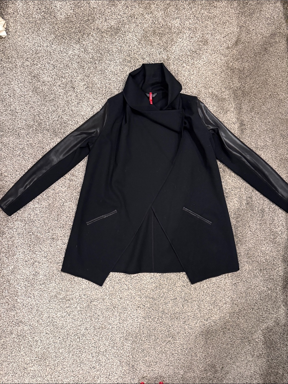 SPANX Black Draped Trench Coat with Faux Leather Sleeves